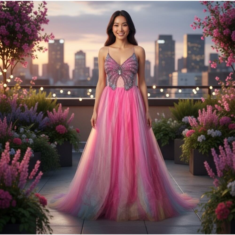 NWT Glamour Terani Couture Maxi Dress Prom Gown SZ 0 Butterfly Beaded Spaghetti
